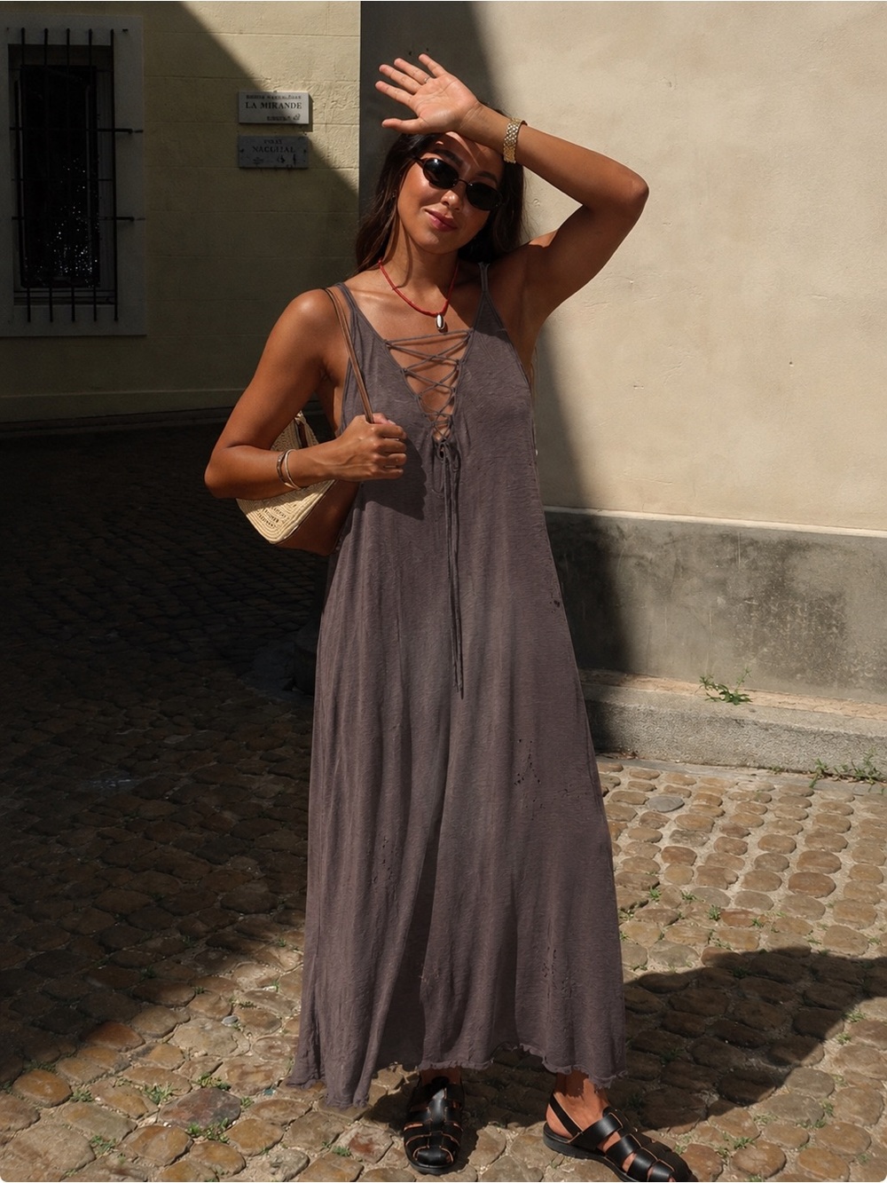 Heather Lace Up Maxi Dress Dark Gray Size Medium